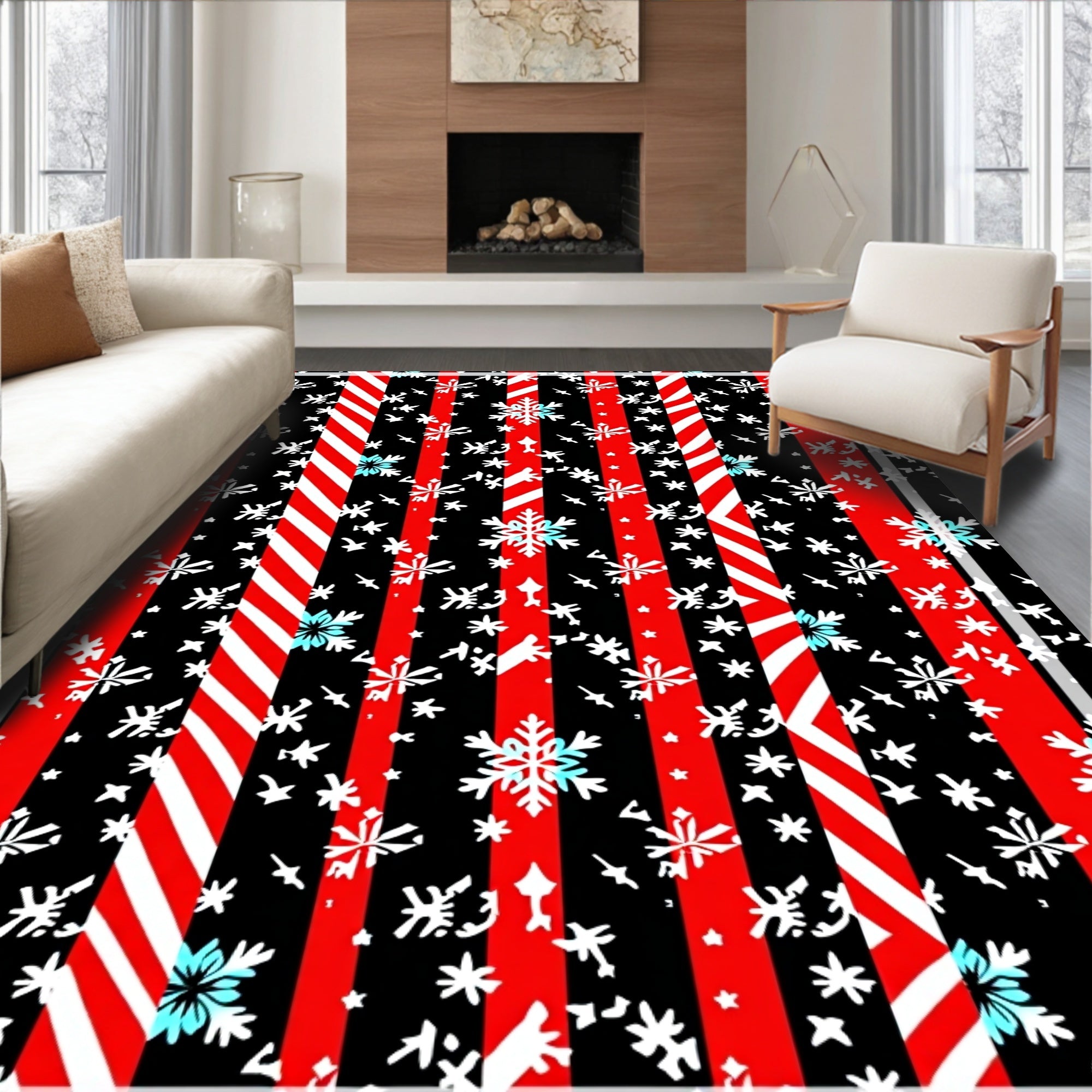 Red Black Snowflake Candy Cane Stripes Rug