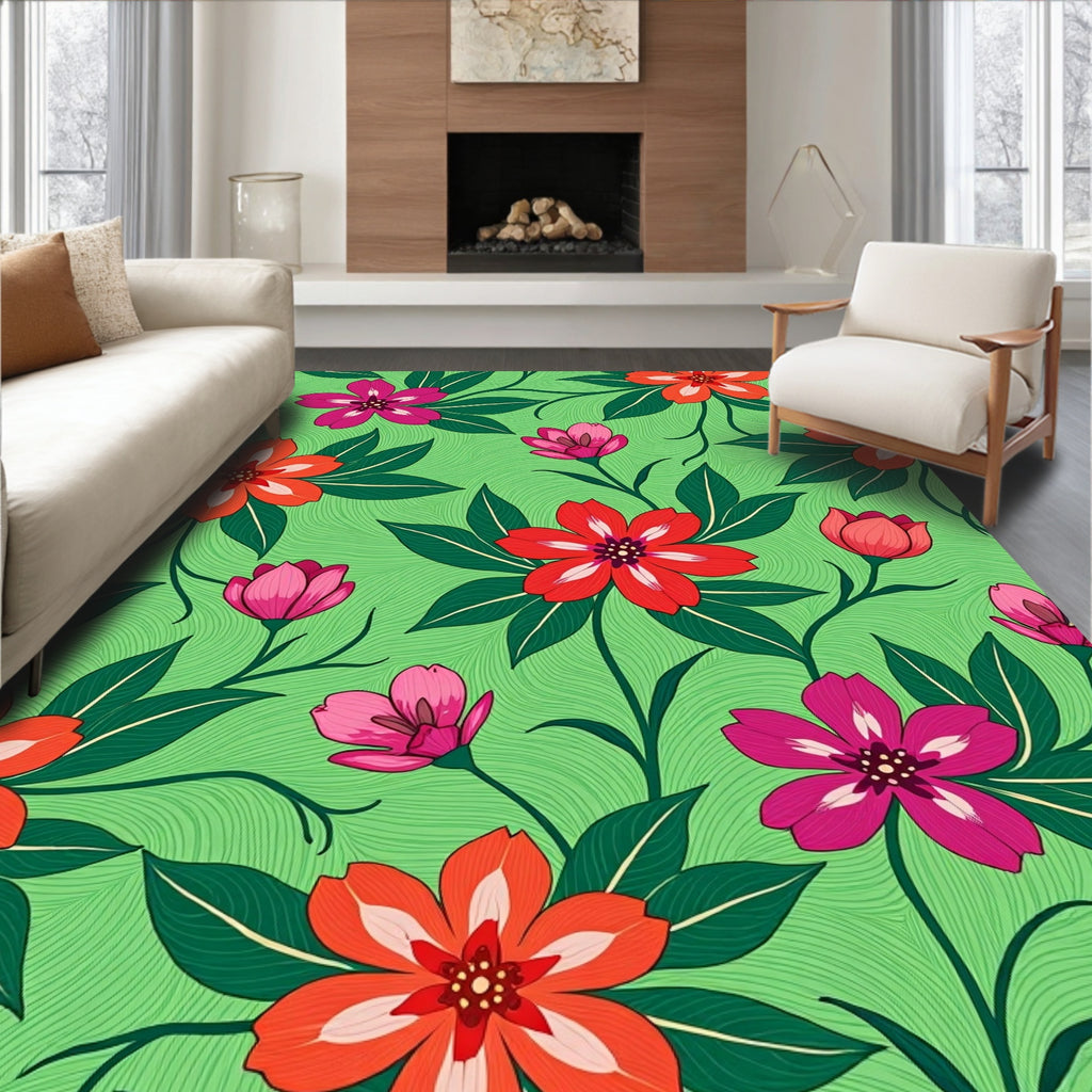 Vibrant Coral Pink Floral Garden Rug
