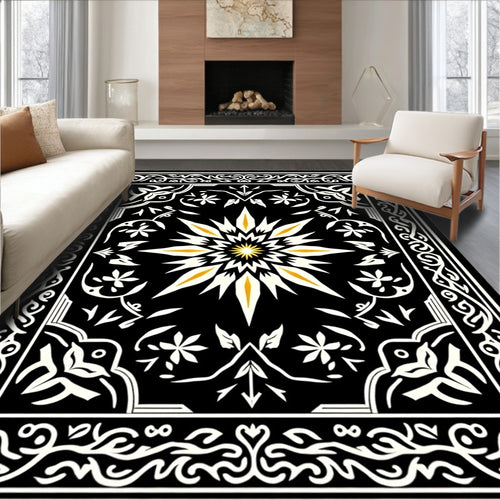 Black Golden Sunburst Floral Border Rug