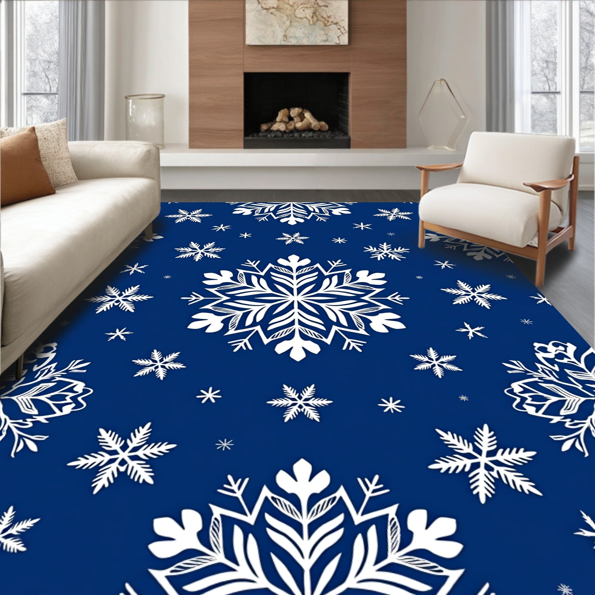 Deep Blue Snowflake Winter Wonderland Rug