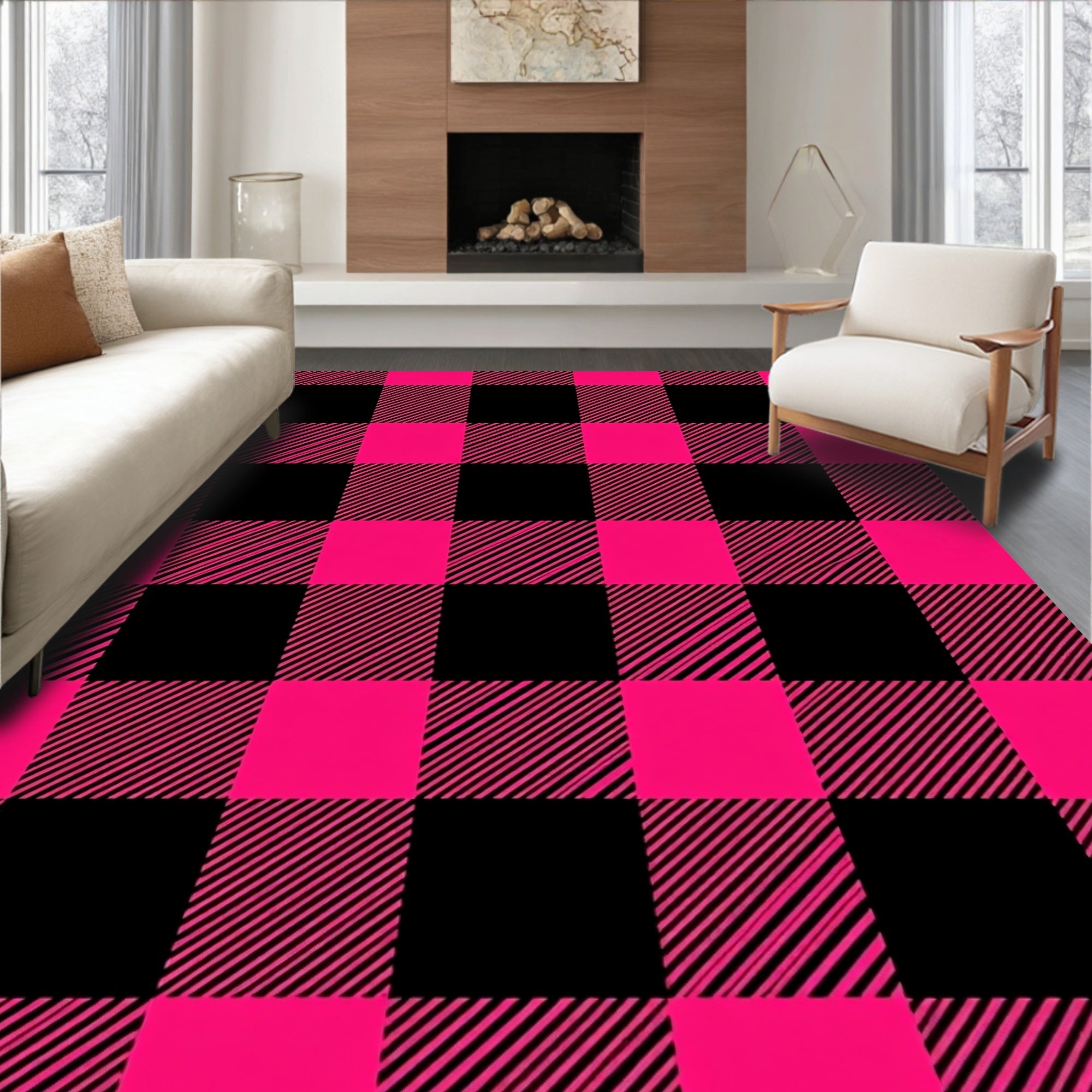 Hot Pink Black Buffalo Check Rug