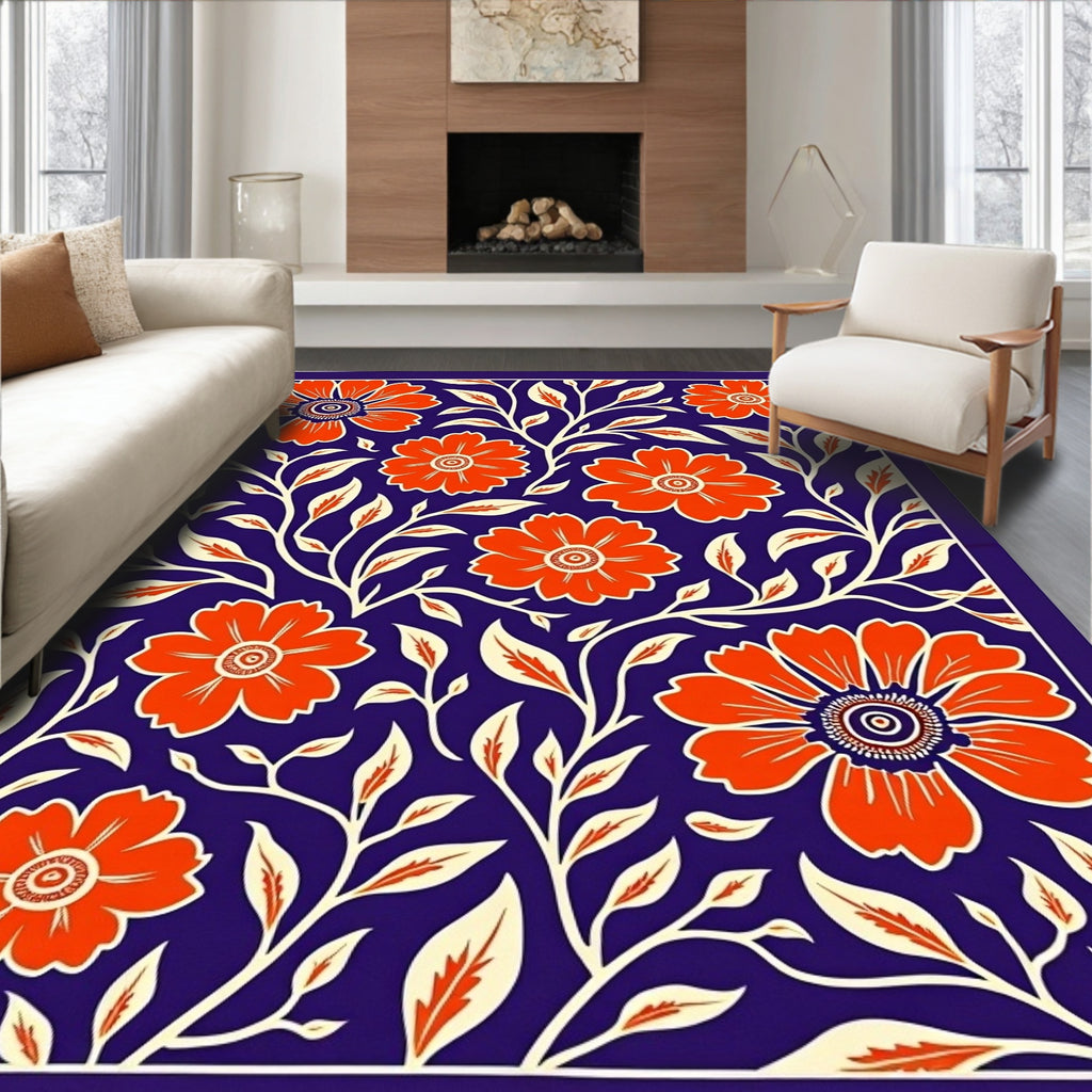 Vibrant Orange Floral Vine Navy Rug