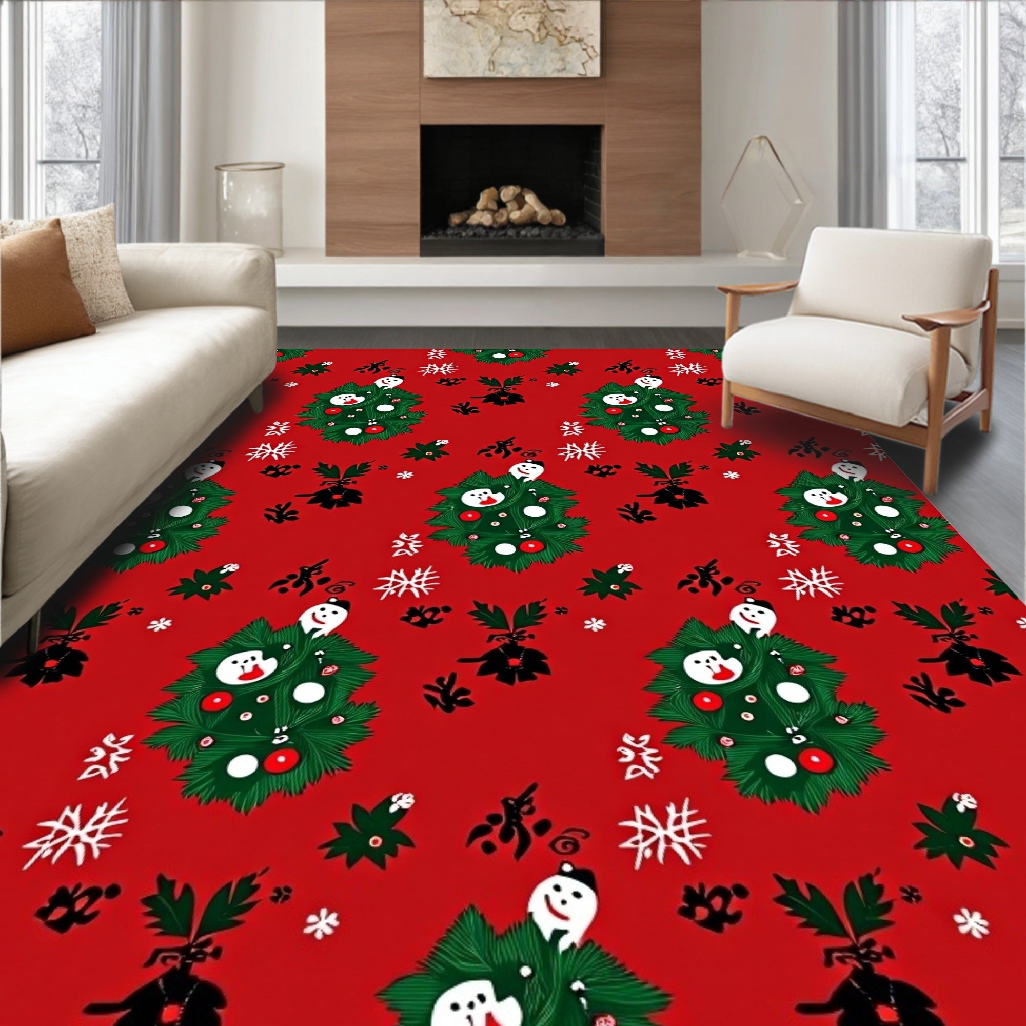 Festive Red Christmas Tree Snowman Rug