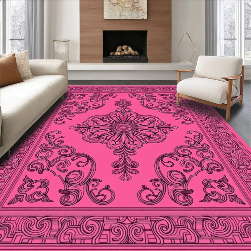 Fuchsia Scrollwork Floral Medallion Rug