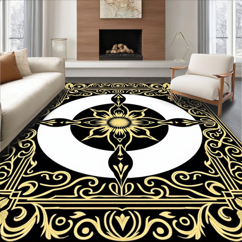 Black Gold Floral Sunburst Mandala Rug