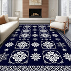 Deep Blue White Floral Snowflake Harmony Rug