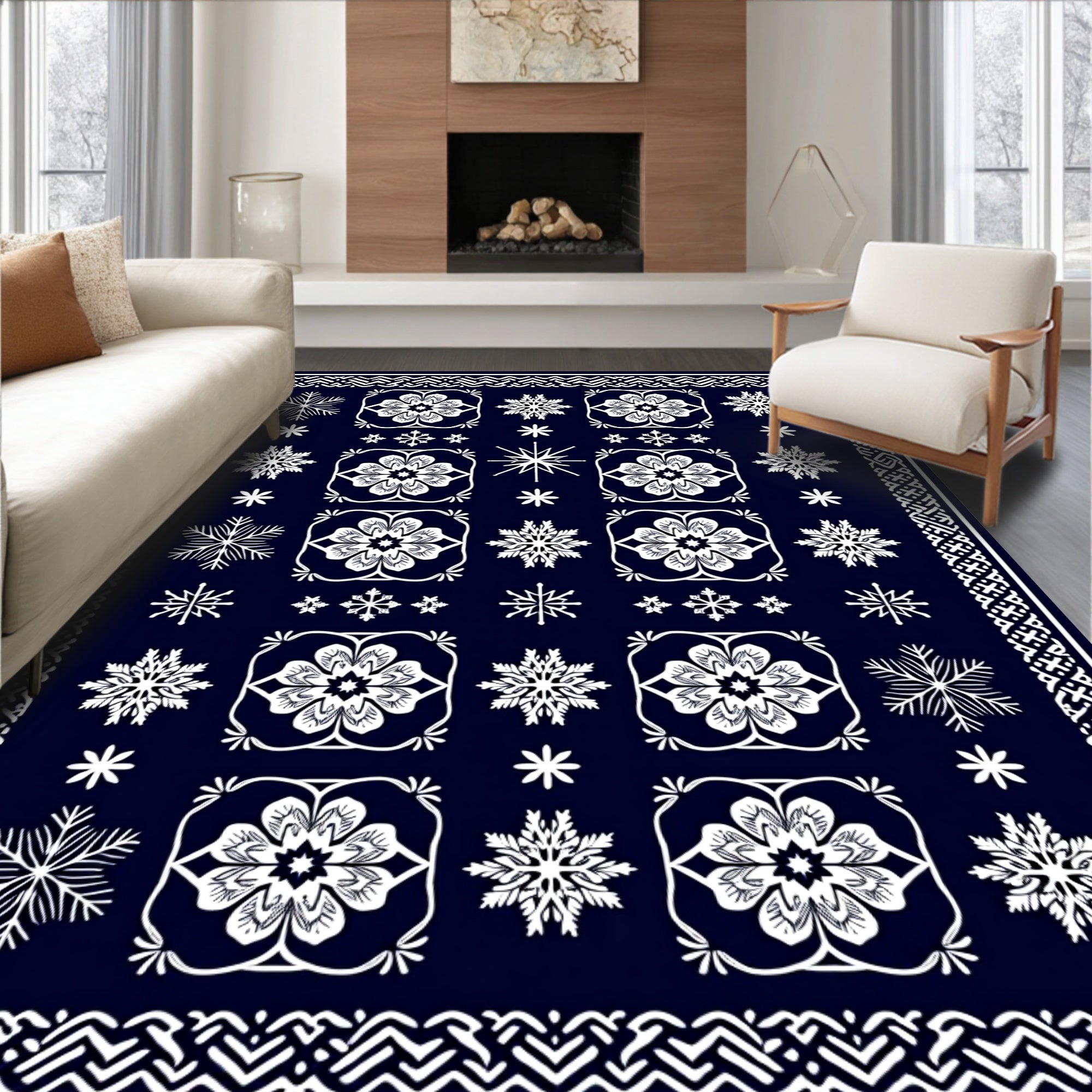 Deep Blue White Floral Snowflake Harmony Rug