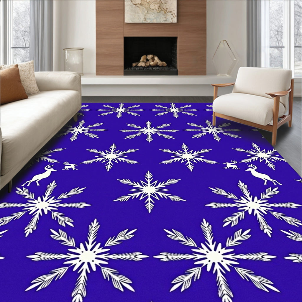 Midnight Blue Snowflake Deer Winter Rug
