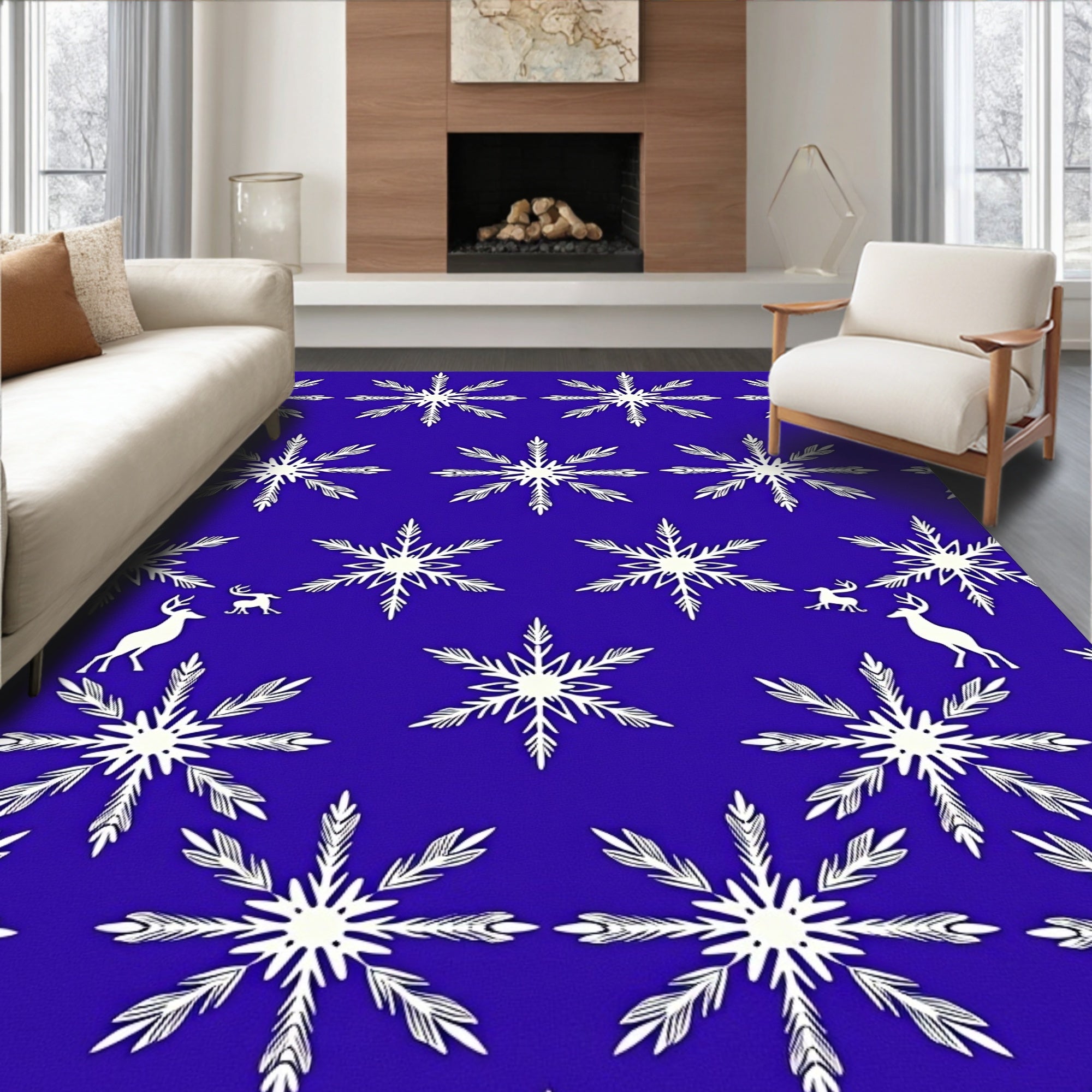 Midnight Blue Snowflake Deer Winter Rug