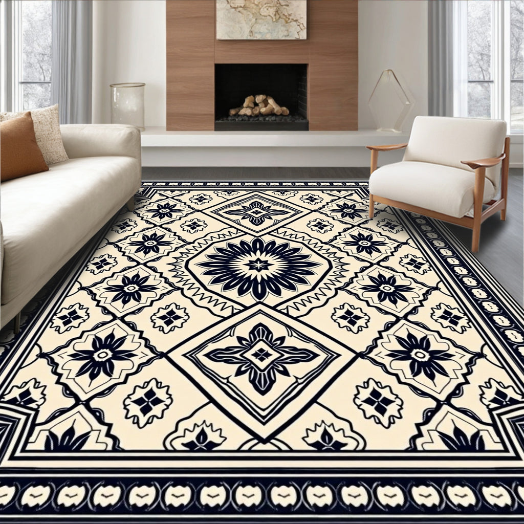 Cream and Navy Floral Medallion Rug