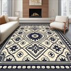 Cream and Navy Floral Medallion Rug