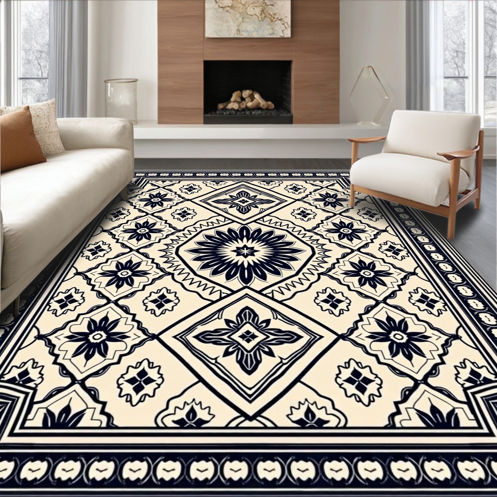 Cream and Navy Floral Medallion Rug