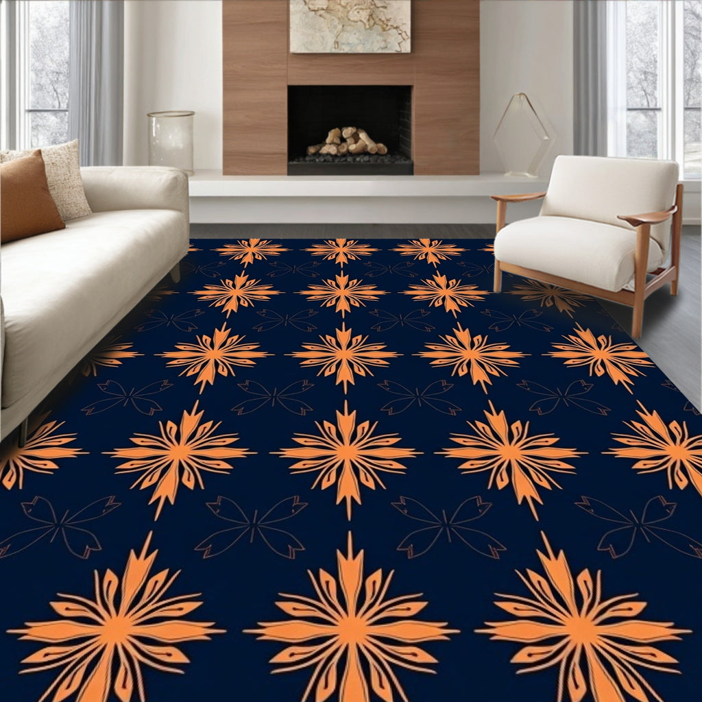 Vibrant Orange Starburst Blossom Navy Rug