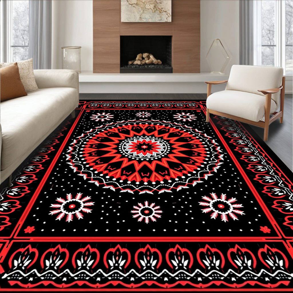 Bold Red Mandala Starburst Border Rug