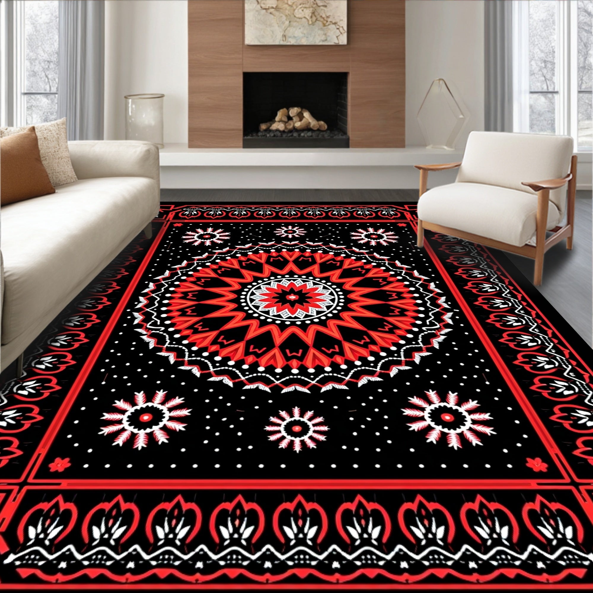 Bold Red Mandala Starburst Border Rug
