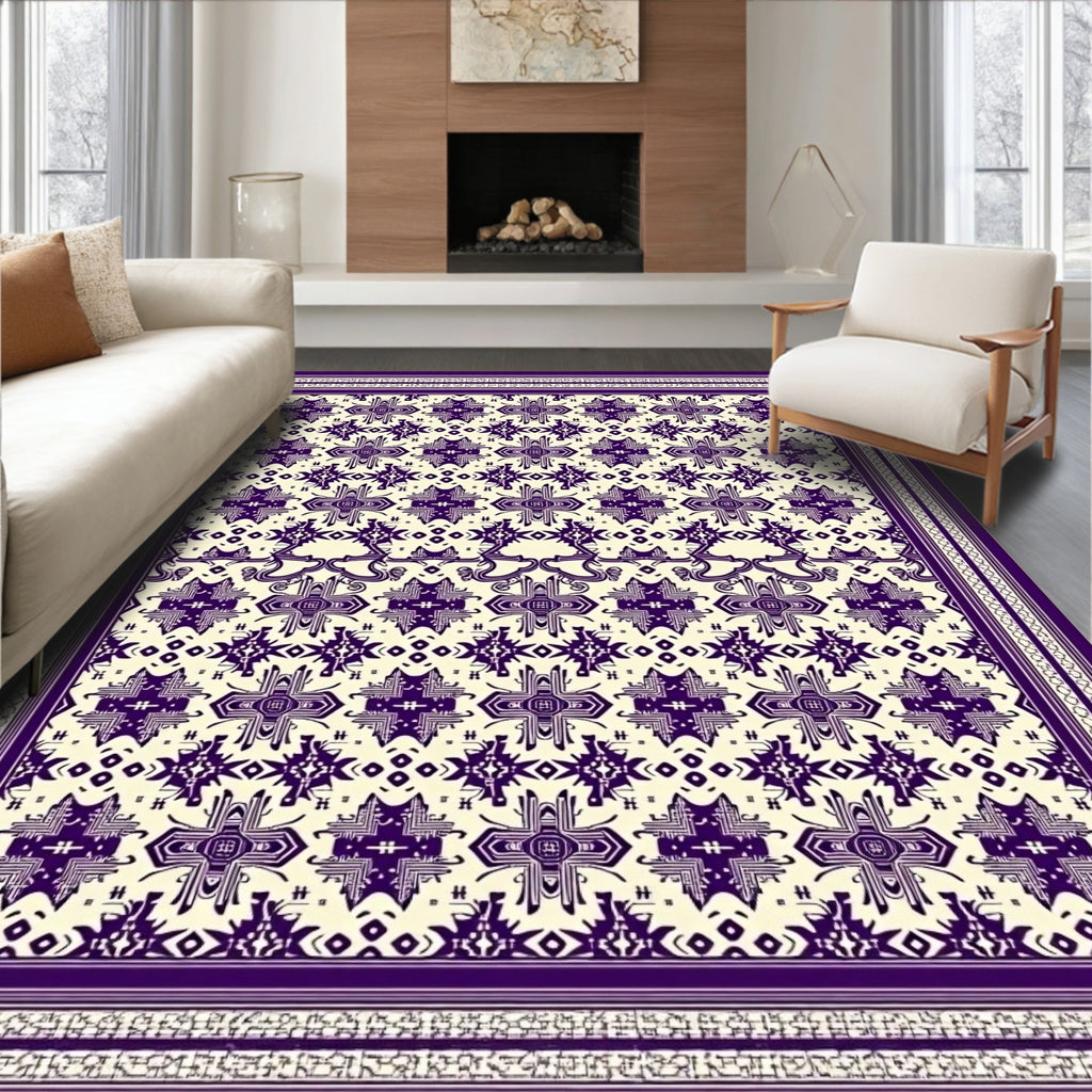Deep Purple Geometric Medallion Border Rug