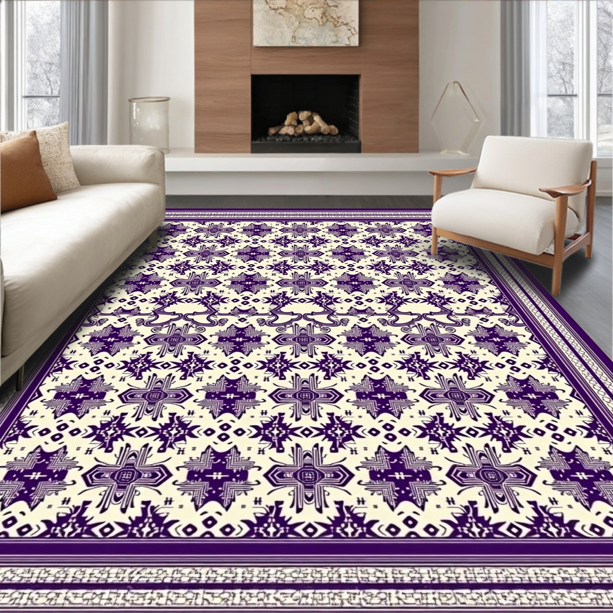 Deep Purple Geometric Medallion Border Rug