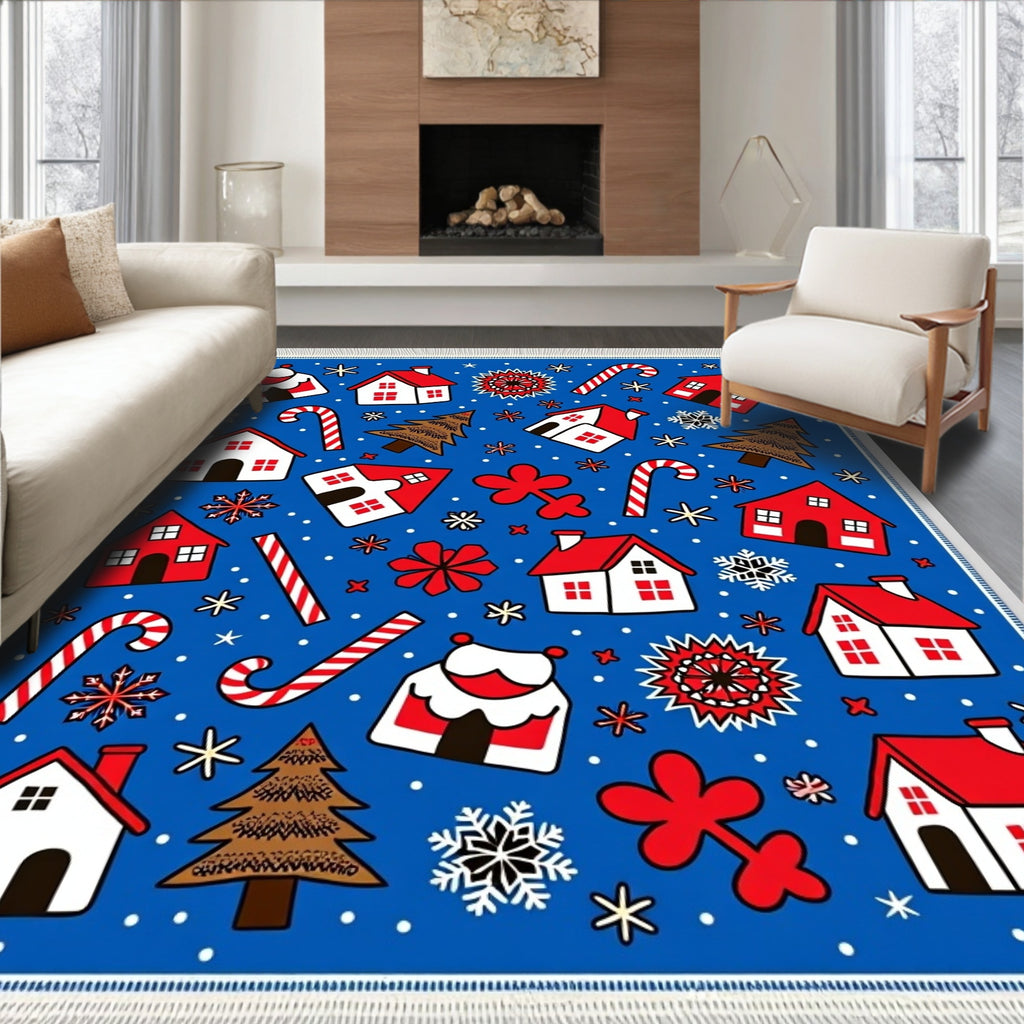 Whimsical Red White Christmas Village Rug
