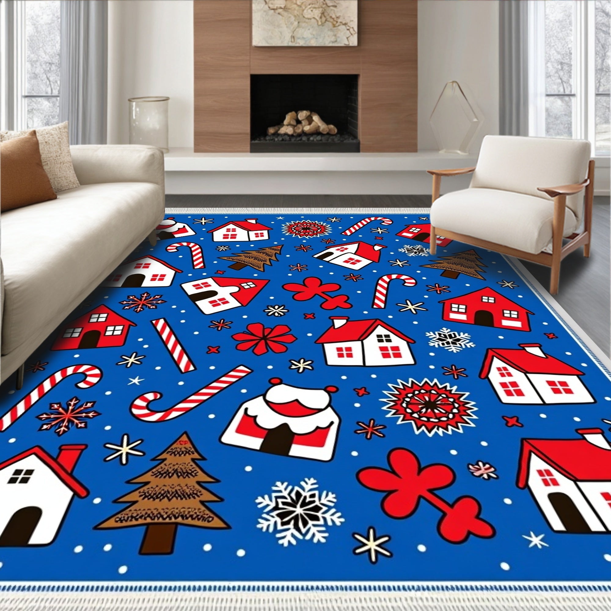 Whimsical Red White Christmas Village Rug