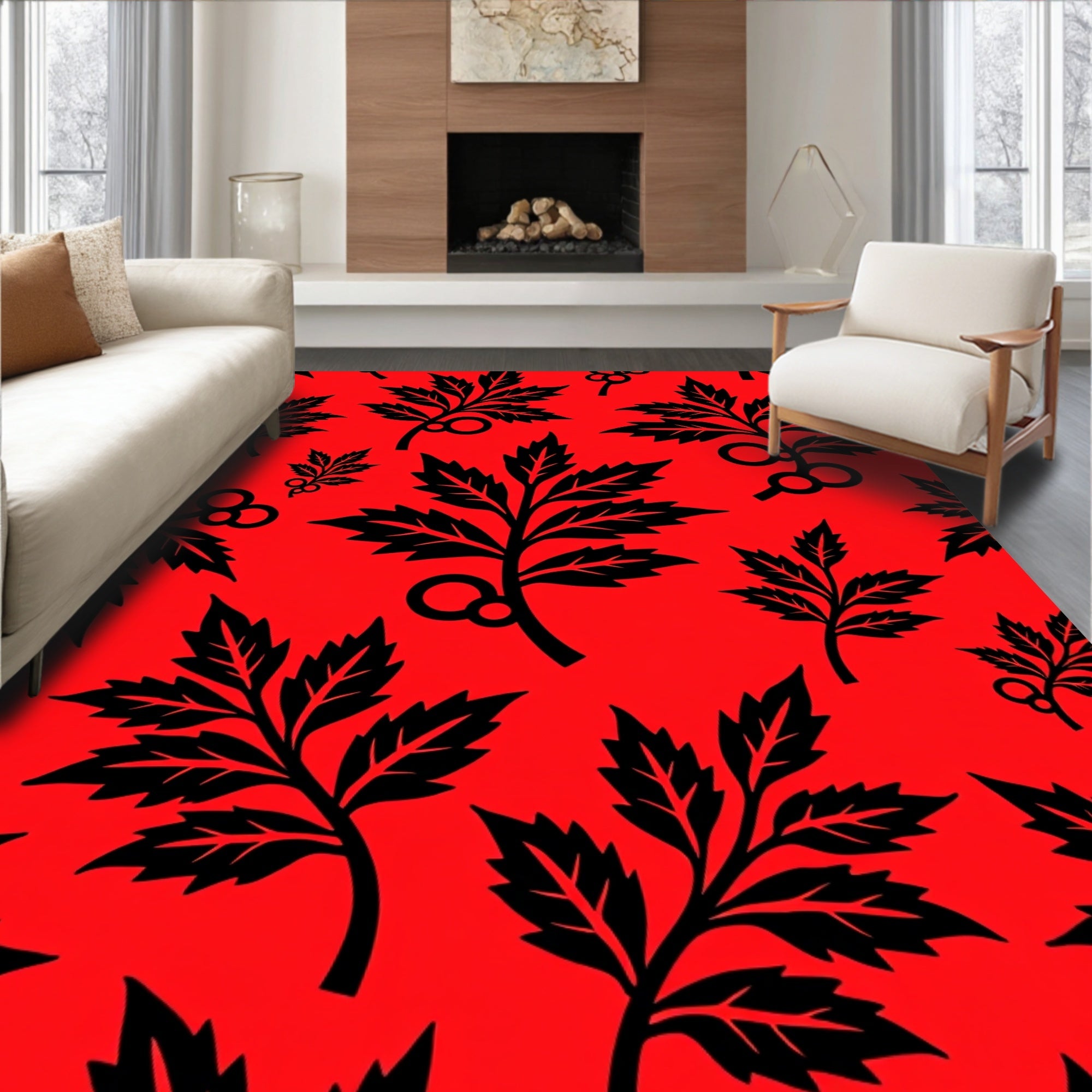 Bold Black Leaf Vine Red Background Rug