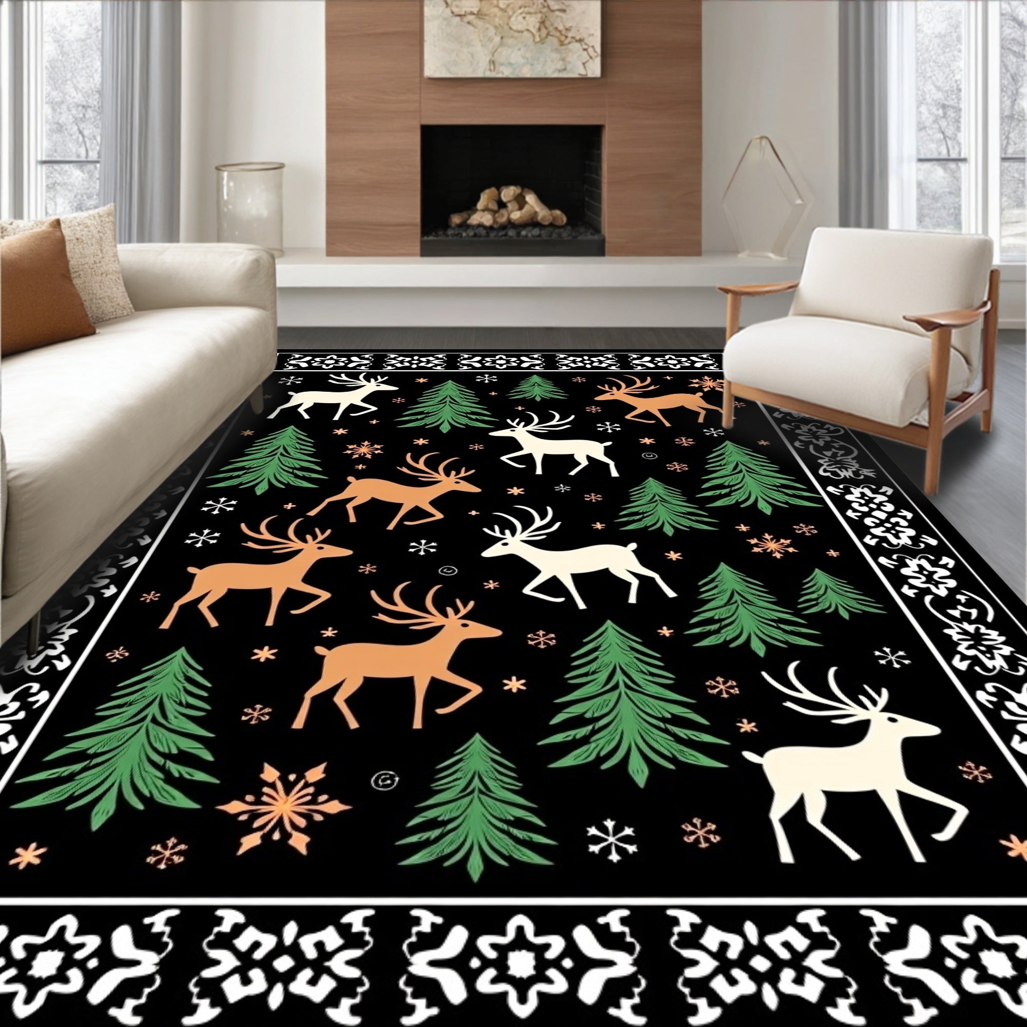 Forest Deer and Snowflakes Border Rug