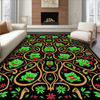 Whimsical Frog Floral Black And Gold Rug