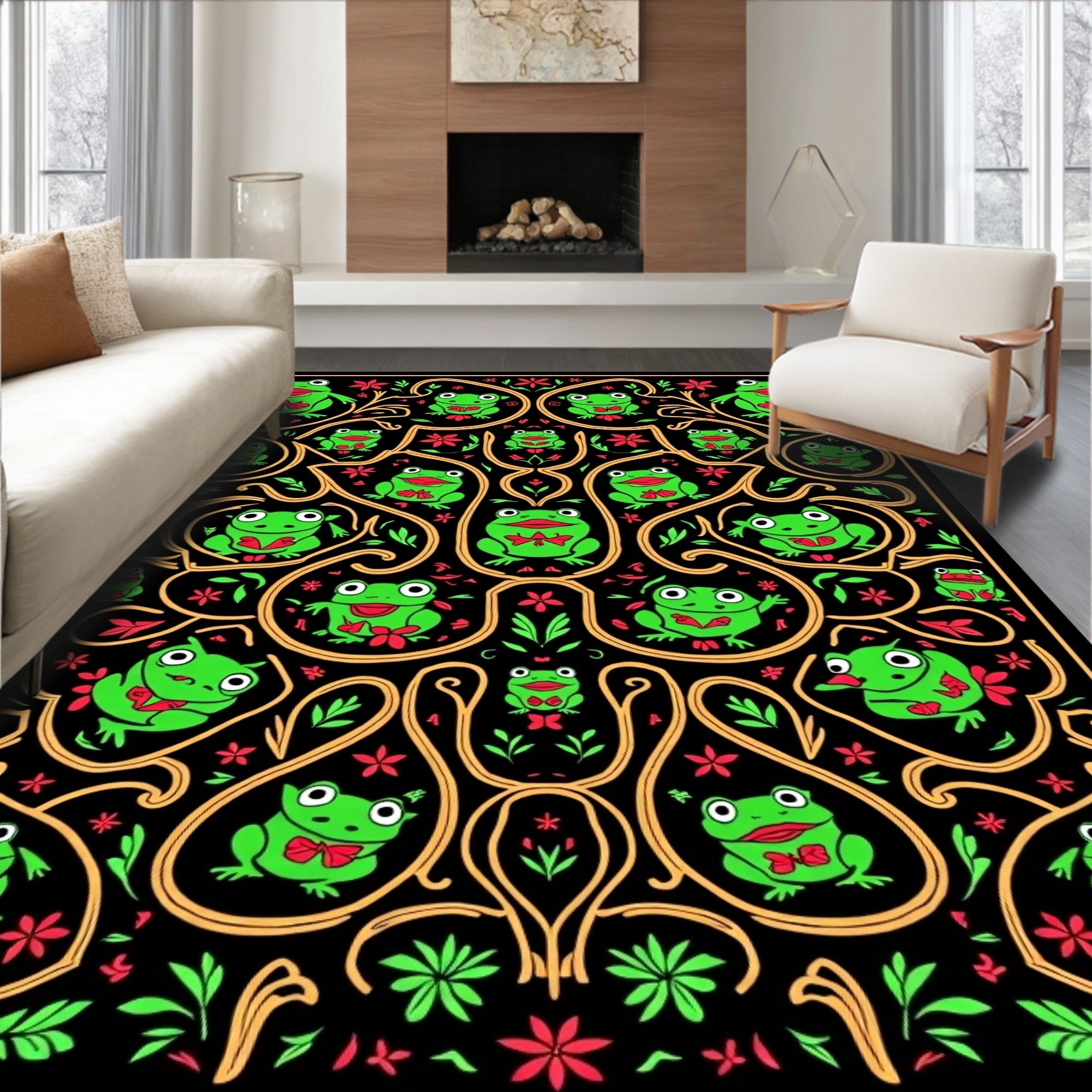 Whimsical Frog Floral Black And Gold Rug