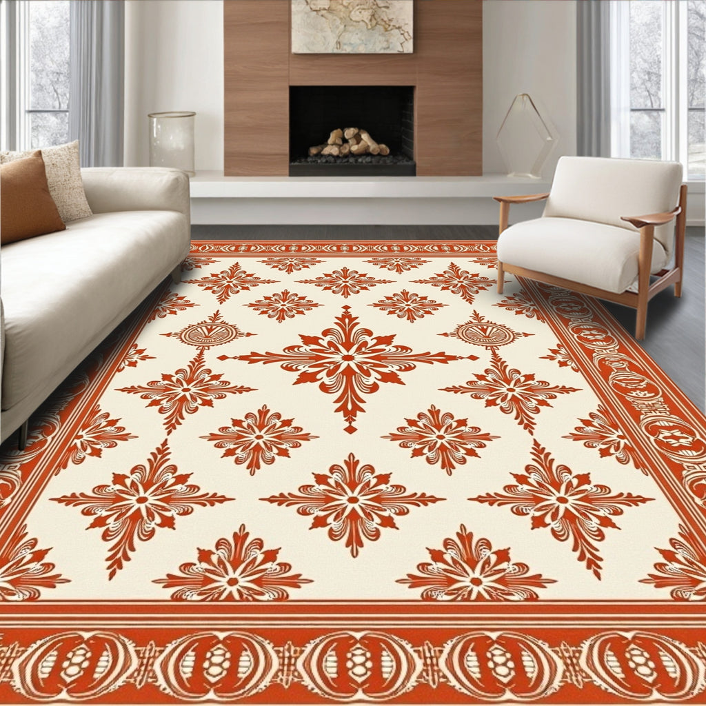 Terracotta Cream Floral Medallion Border Rug