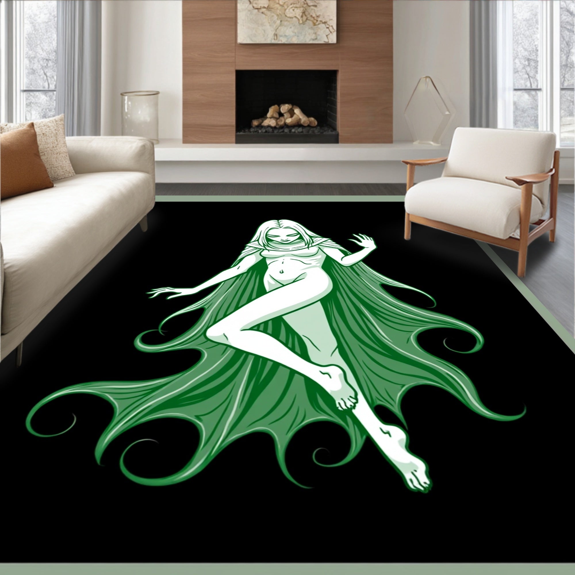 Enchanting Emerald Nymph Swirling Drapery Rug