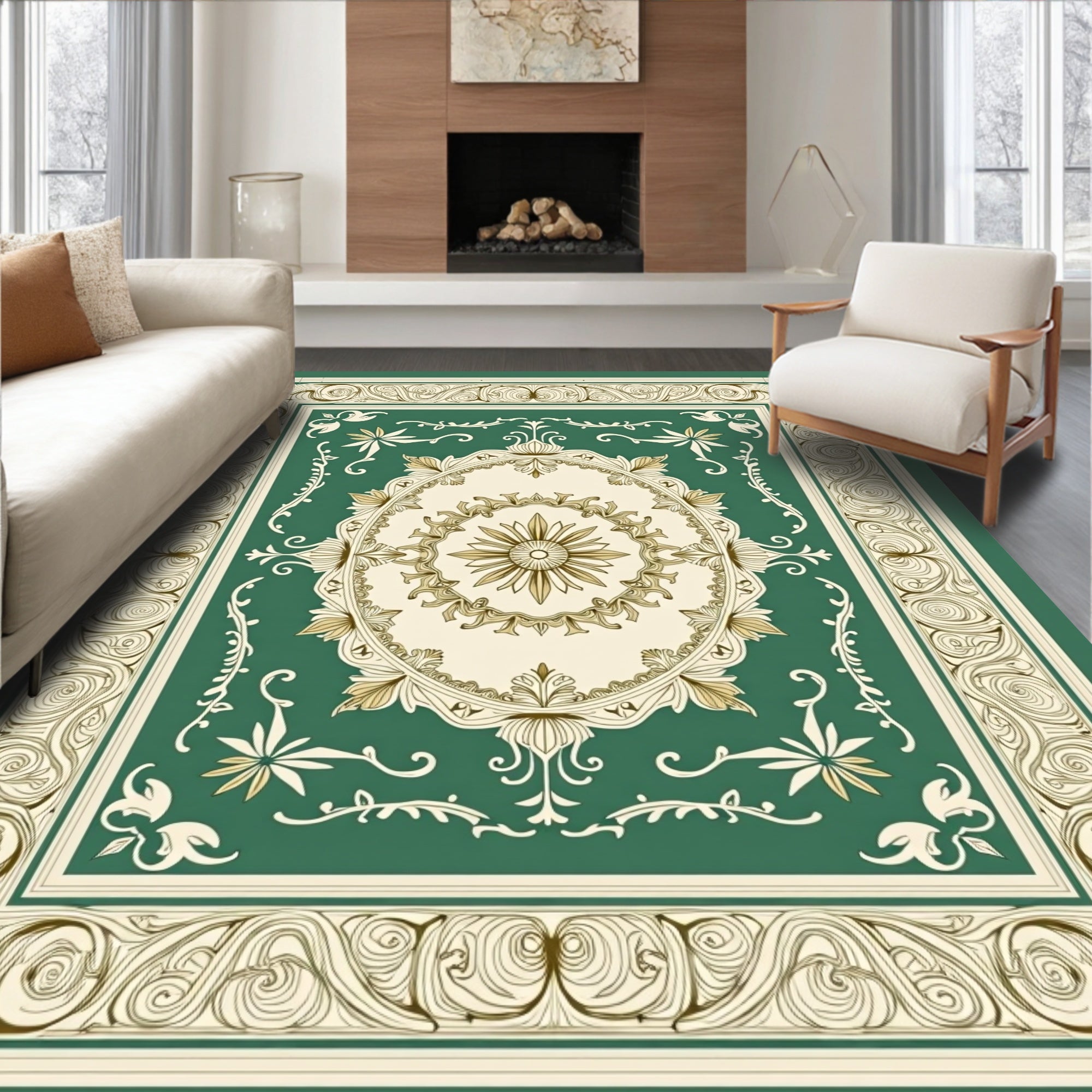 Ornate Emerald Medallion Scroll Rug
