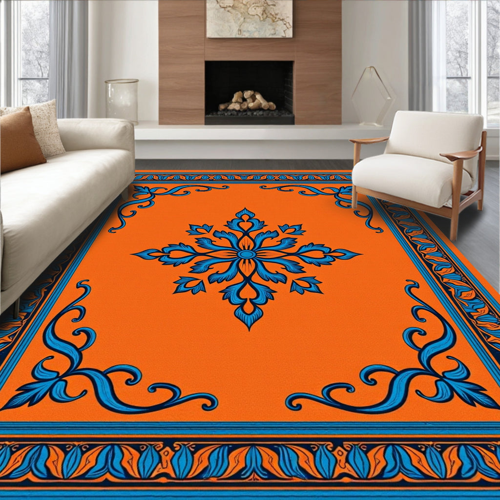 Bold Blue Orange Floral Frame Rug