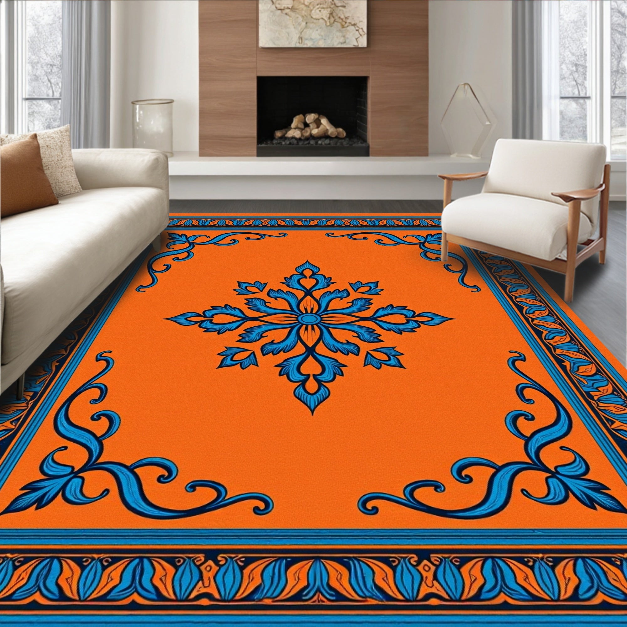 Bold Blue Orange Floral Frame Rug