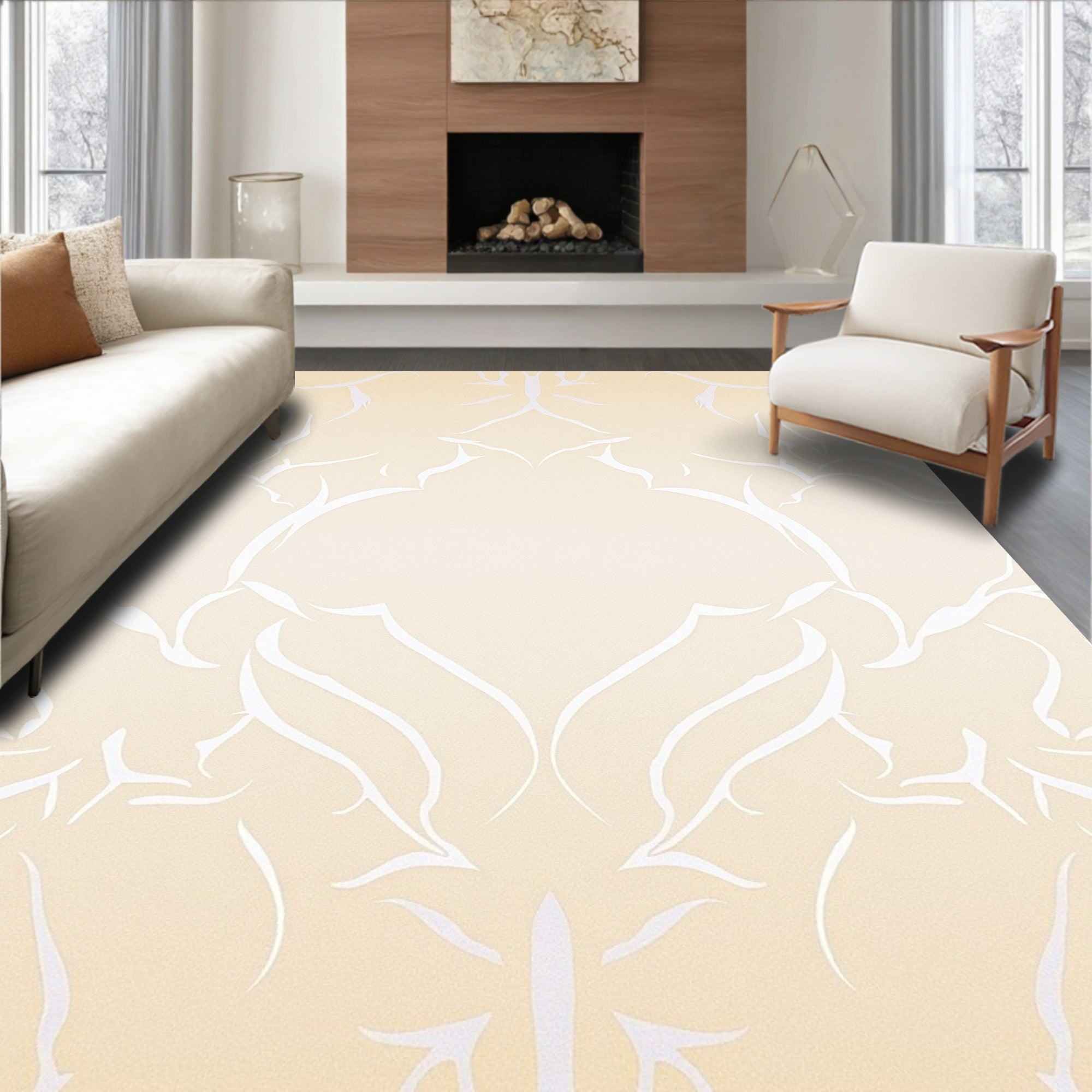 Cream Beige White Floral Damask Rug