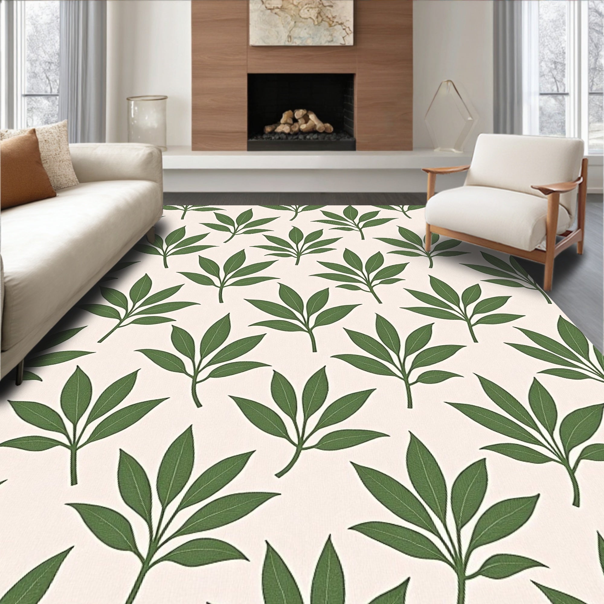 Earthy Green Leafy Branch Repeat Rug
