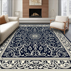 Navy Ivory Intricate Floral Medallion Rug