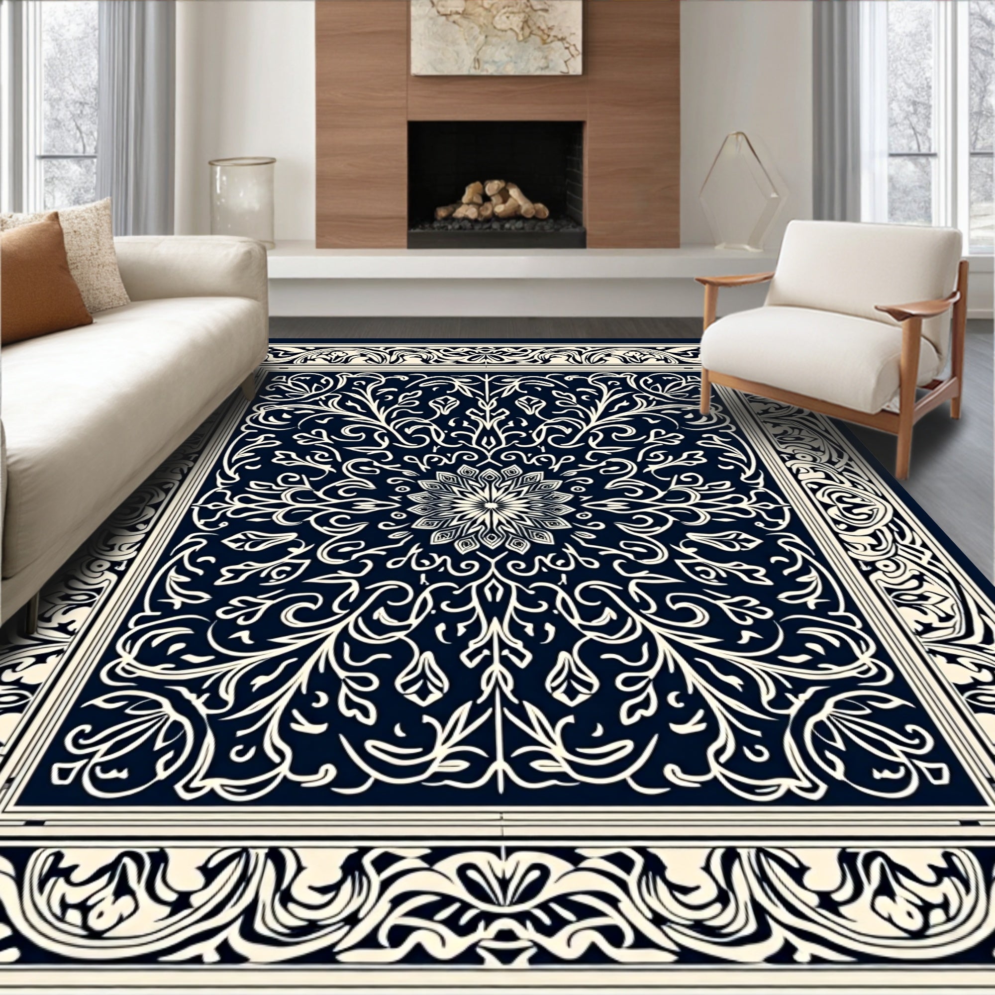 Navy Ivory Intricate Floral Medallion Rug