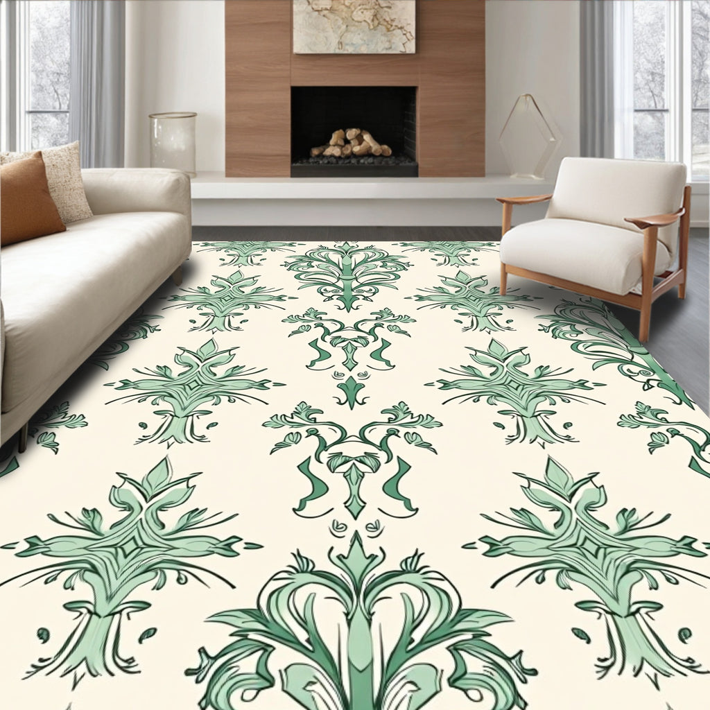 Jade Green Ornate Floral Damask Rug