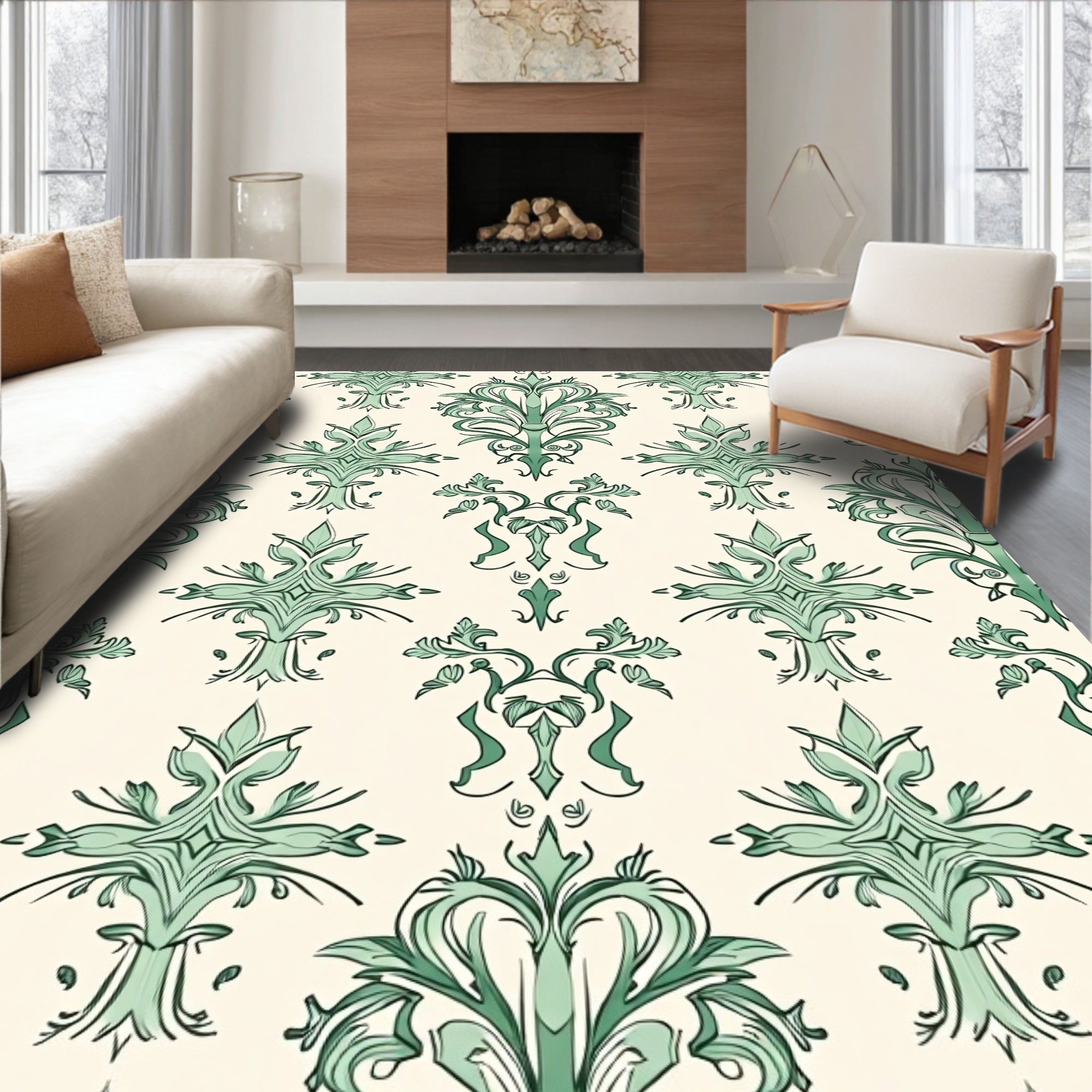 Jade Green Ornate Floral Damask Rug