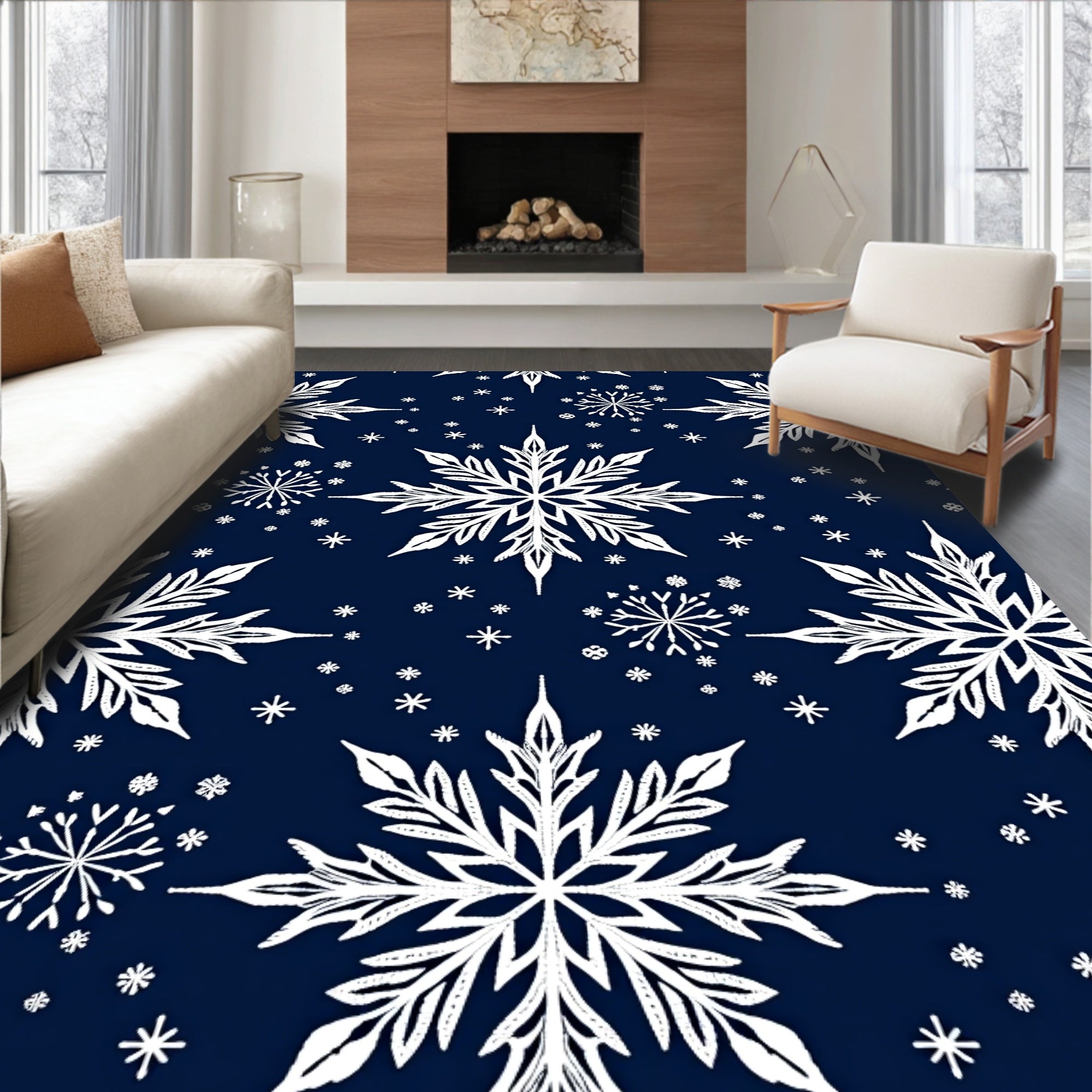 White Snowflakes on Navy Blue Rug