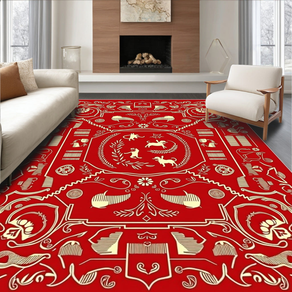 Golden Animals on Red Canvas Rug