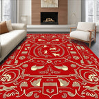 Golden Animals on Red Canvas Rug