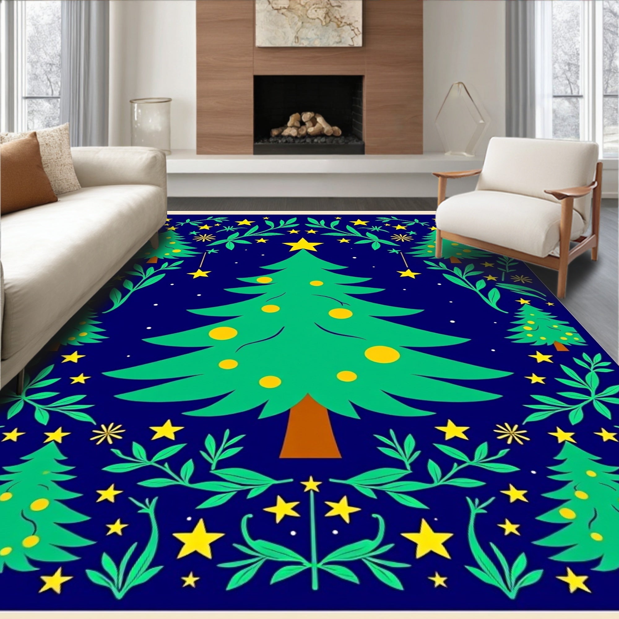 Festive Christmas Trees Yellow Star Garland Rug