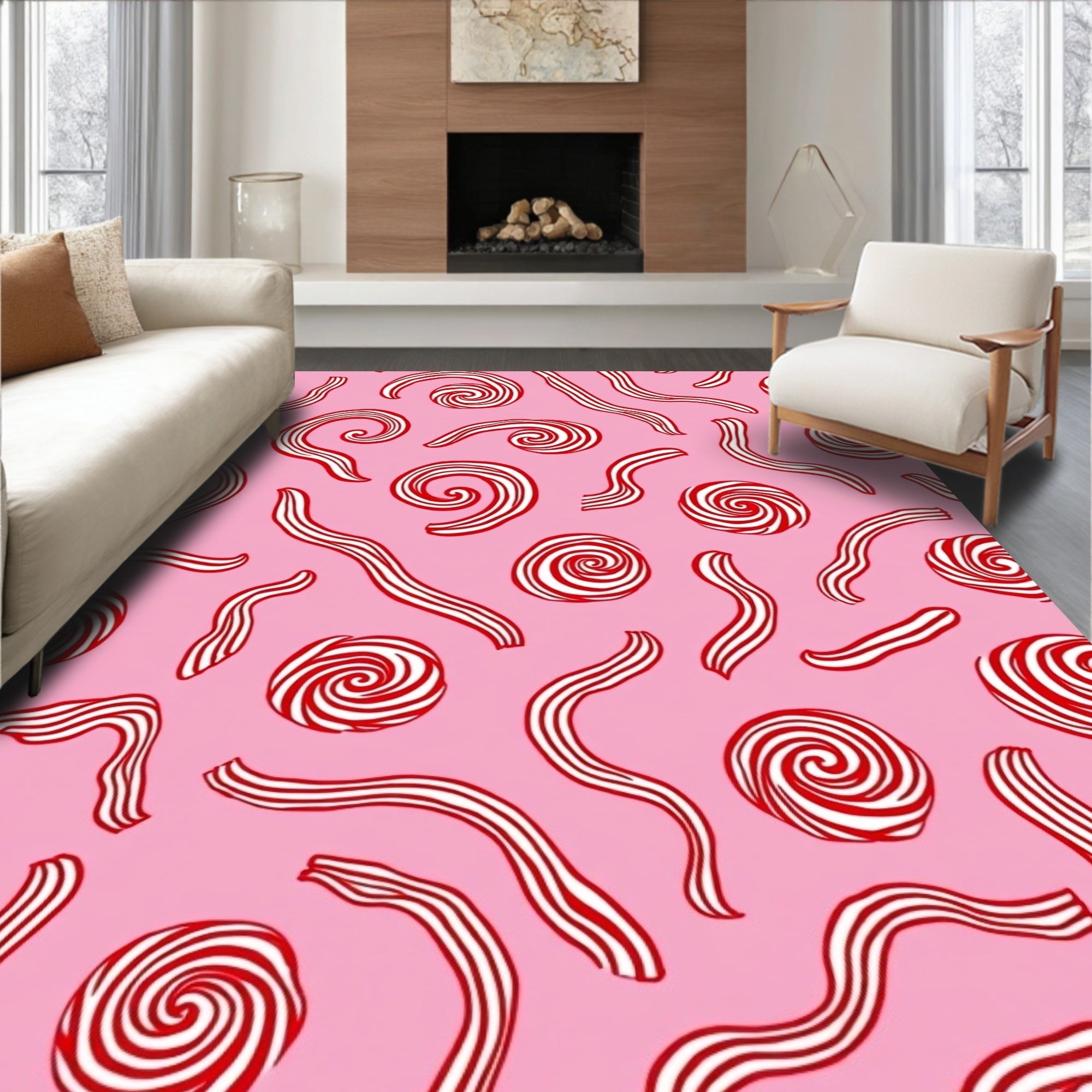 Pink Swirls Candy Cane Stripes Rug