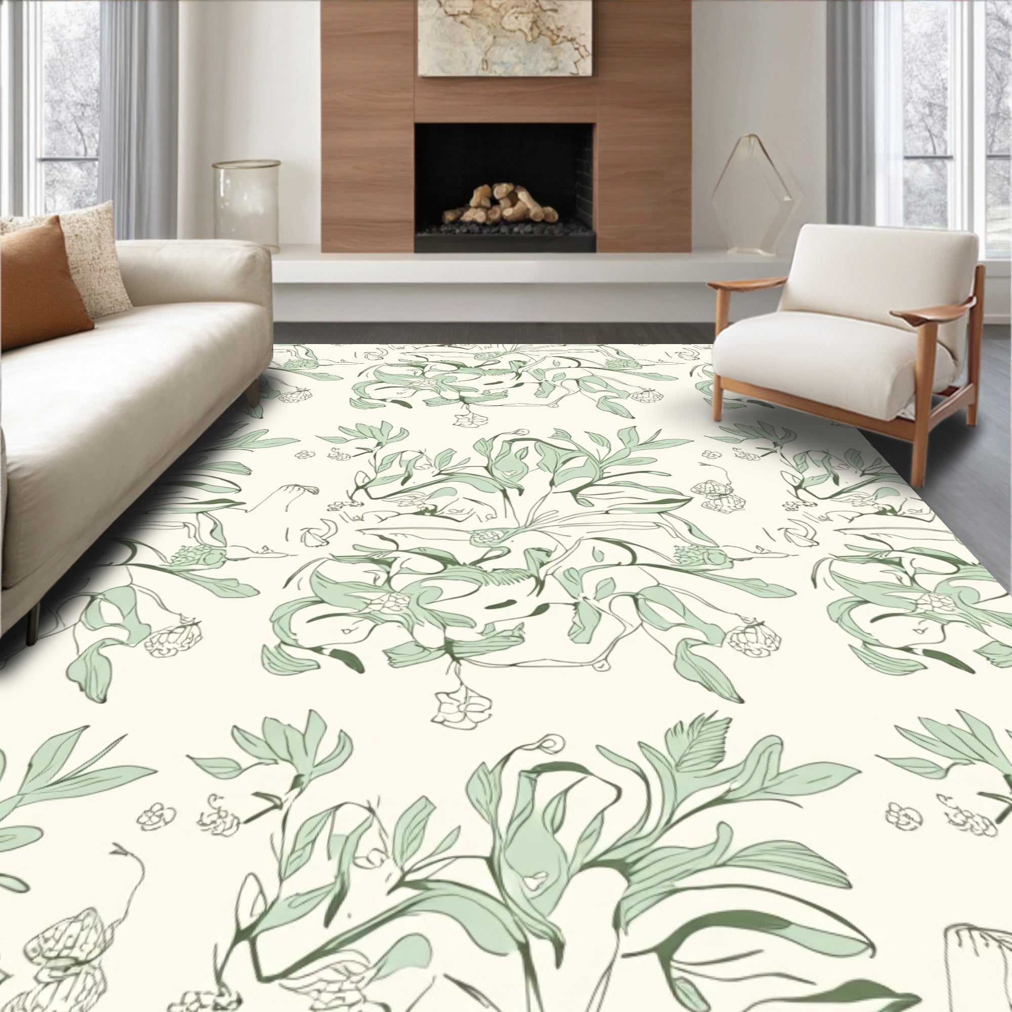 Pale Green Botanical Vine Scroll Rug