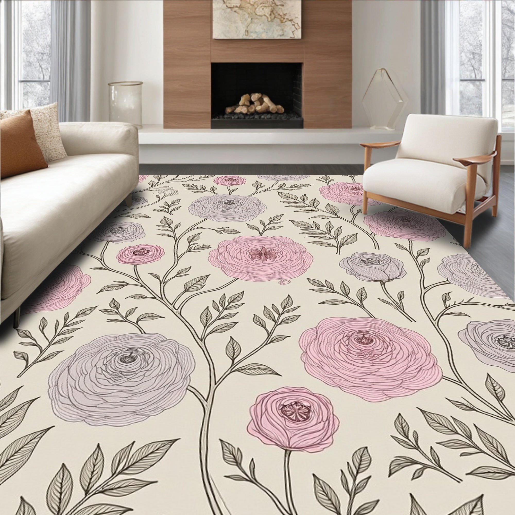 Soft Pink Orchid Floral Branches Rug