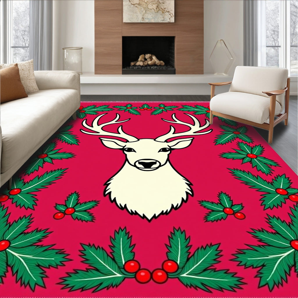 Crimson Reindeer Holly Border Rug