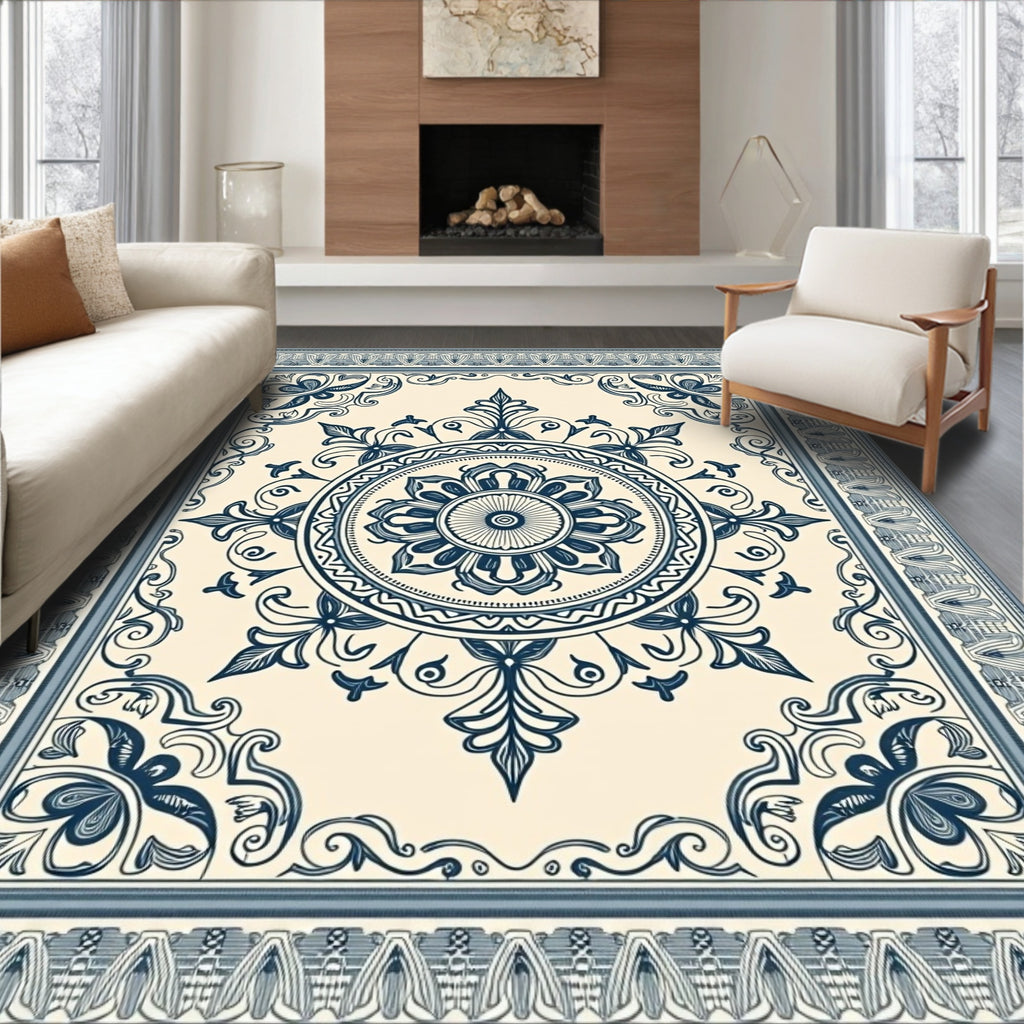 Ivory Blue Floral Medallion Border Rug