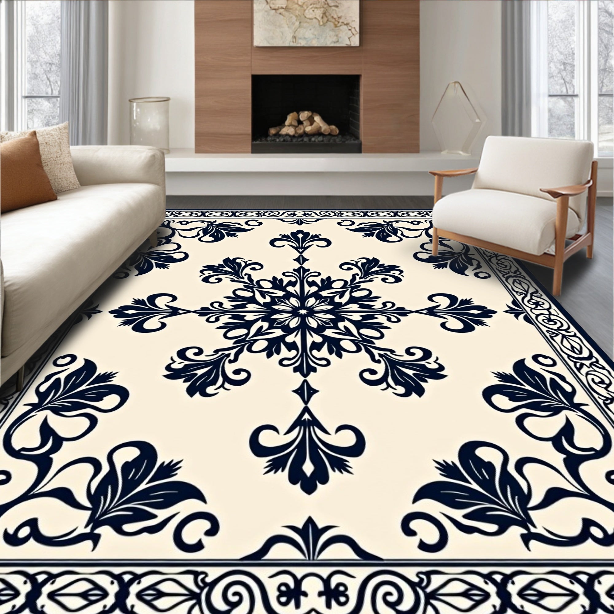 Navy Cream Floral Medallion Border Rug