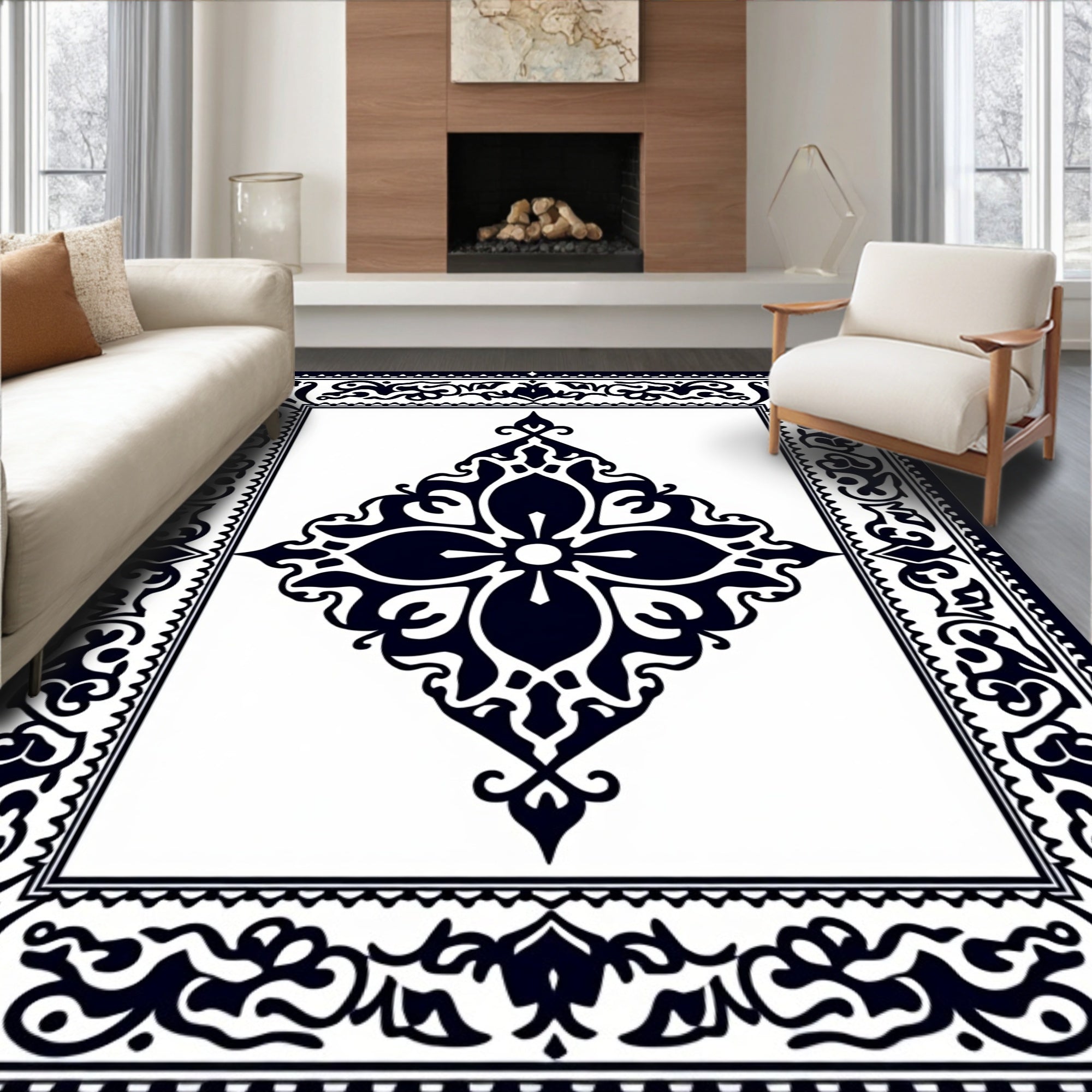 Ornate Black White Diamond Bloom Rug