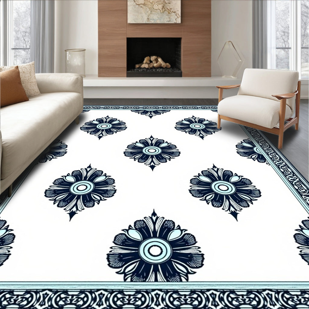 Deep Blue Floral Frame Medallion Rug